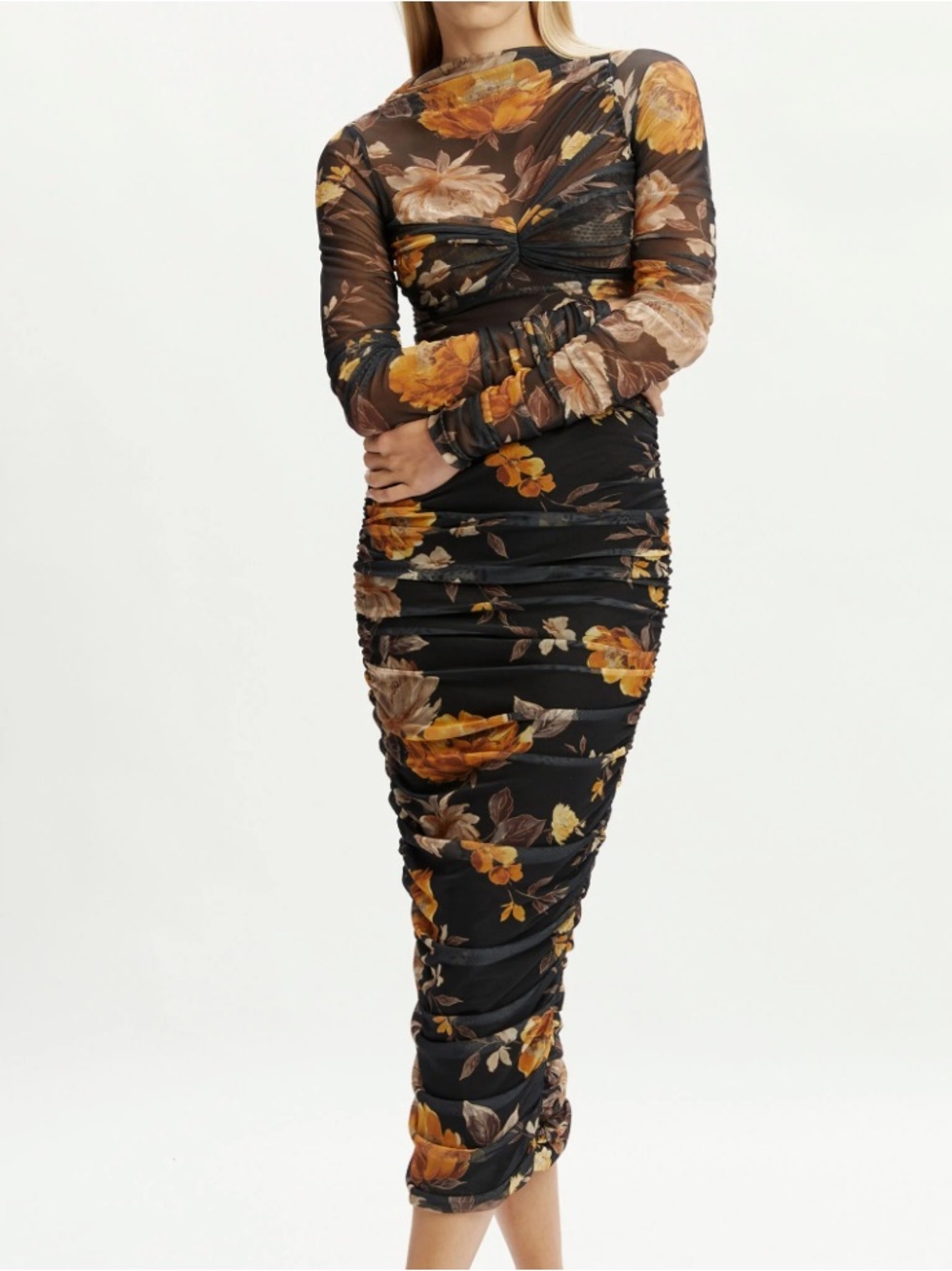 Bardot Althea Mesh Midi Dress In Black Floral $169